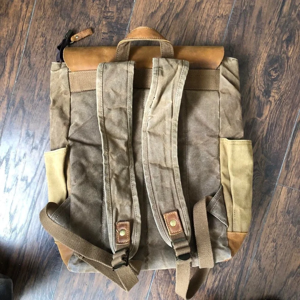 Vintage Leather Waxed Canvas Backpack Outdoor Sports Hiking Bag Travel Academia